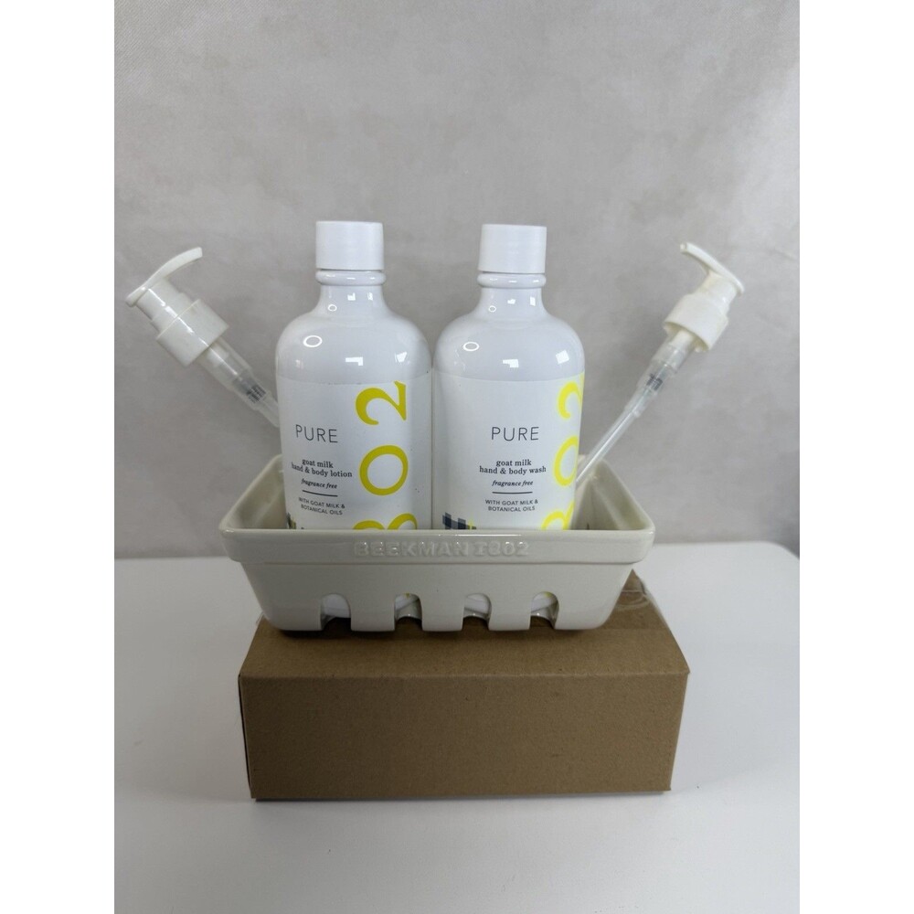 Beekman 1802 Pure Goat Milk Wash & Lotion Ceramic Caddy Set Fragrance Free New